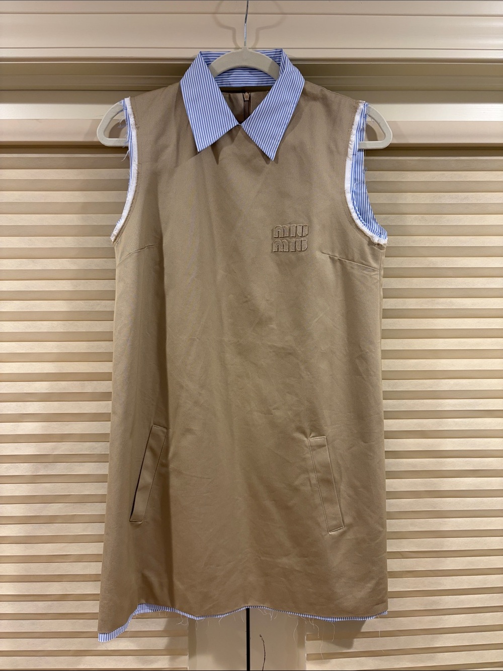NWOT Miu Miu Tan Sleeveless Shift Dress with Blue Striped Collar, Size 38 = M